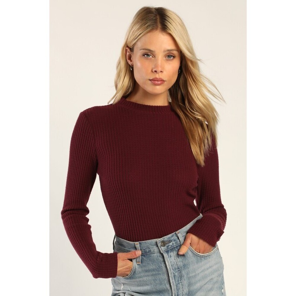 Lulus Cuddly Couture Burgundy Waffle Knit Mock Neck Top Red - Size S